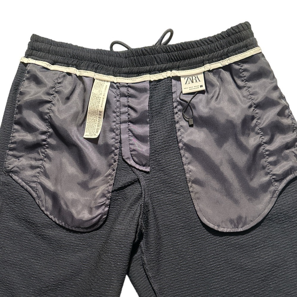 Zara Men’s  Navy Blue Seersucker Elastic Band Draw String Lightweight Shorts - Picture 3 of 11